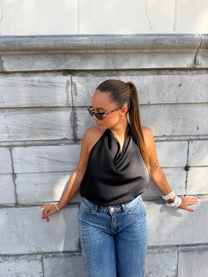 Blouse dos nu satin noir