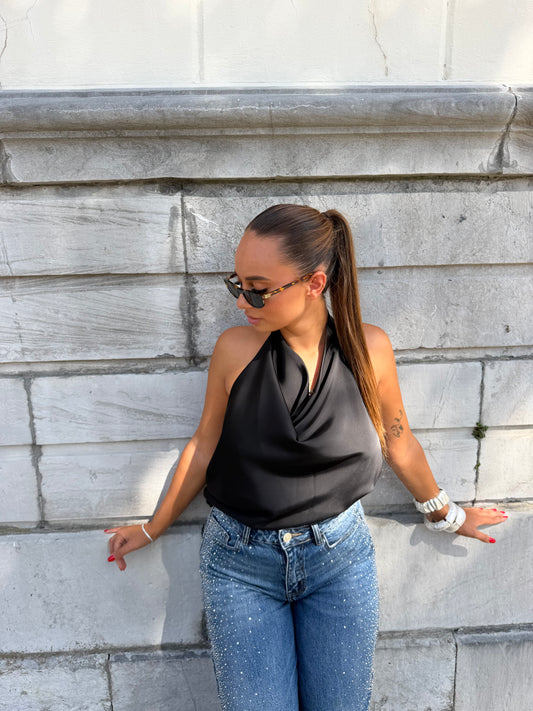 Blouse dos nu satin noir
