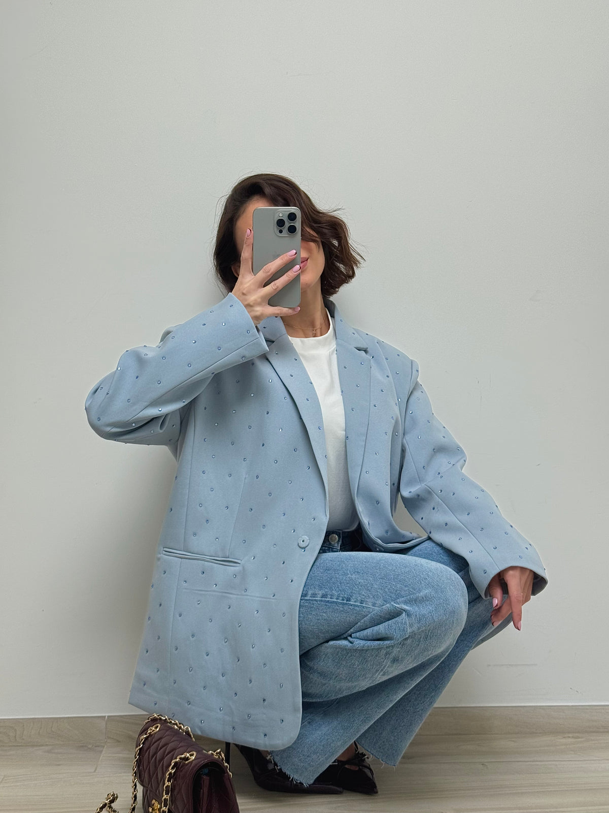 Blazer à strass bleu ciel