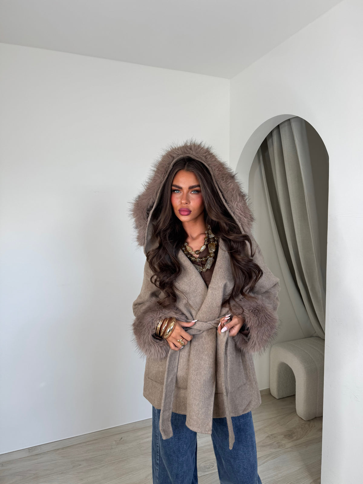 Manteau premium camélia taupe