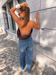 Blouse dos nu satin marron