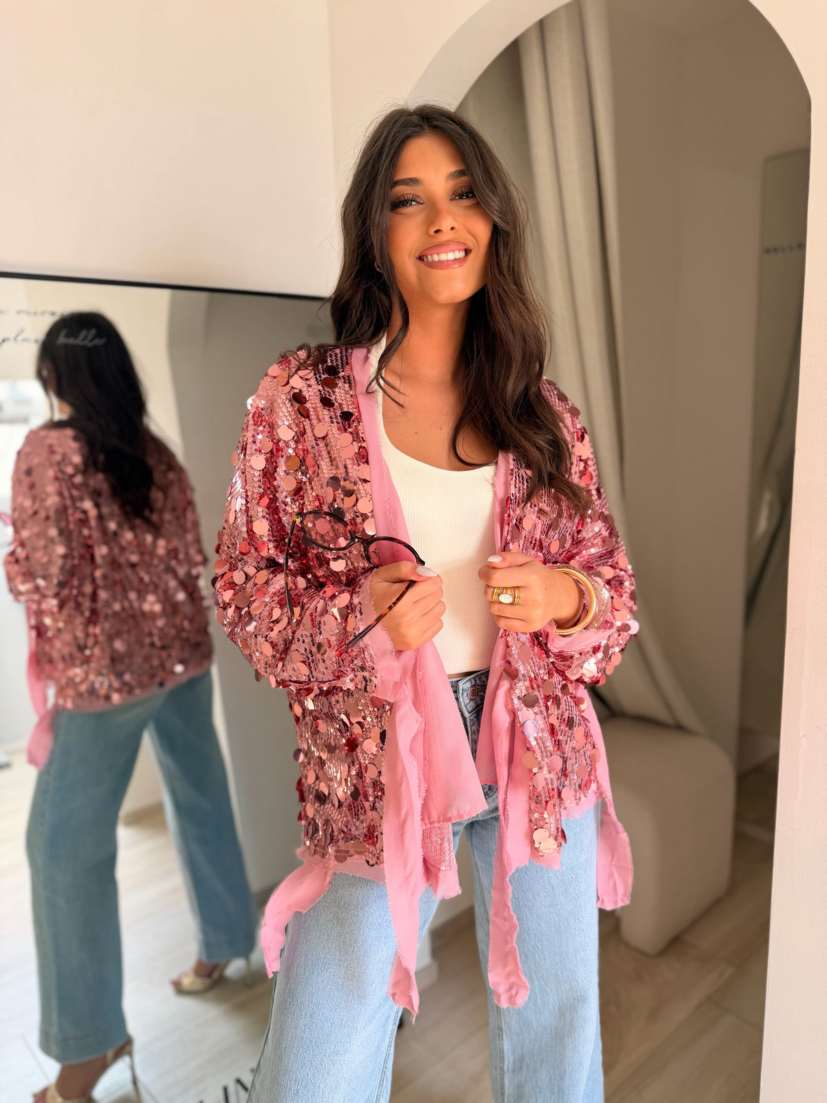 Gilet kimono dahlia rose