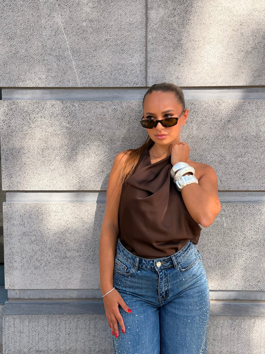 Blouse dos nu satin marron